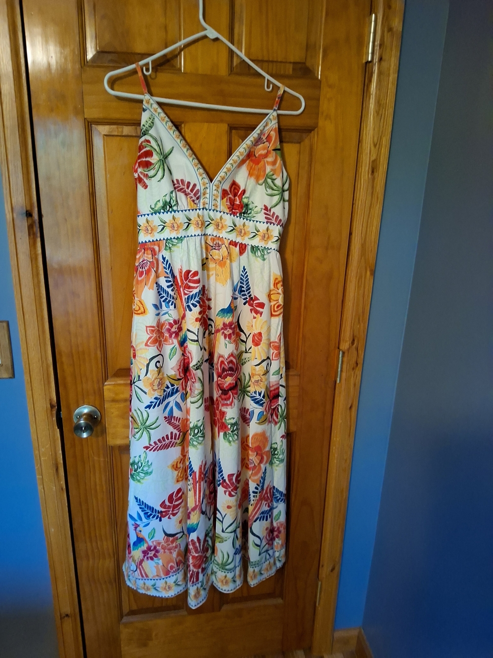 Floral V-Neck Spaghetti Strap Maxi Dress - White with Multicolor Print
